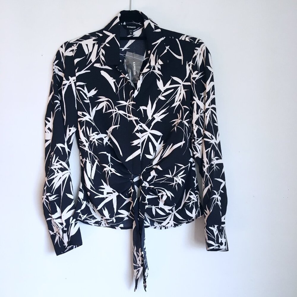 NWT Express Black Tropical Print Tie Front Portofino Shirt